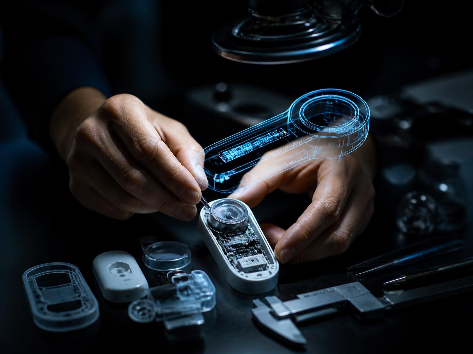 Engineer assembling a medical sensor prototype with a CAD overlay